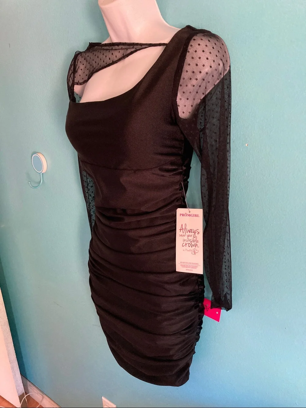 VINTAGE Deadstock NWT Atria Black Ruched Mesh Illusion Bodycon Prom Mini Dress M